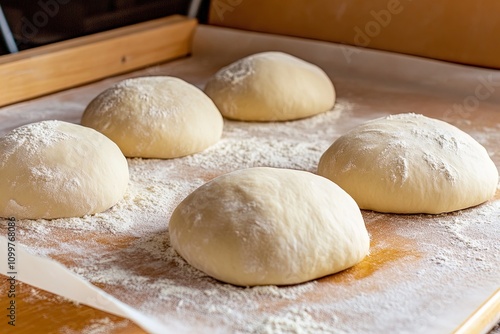 Dough balls resting on a floured wooden surface in a kitchen for bread-making photo