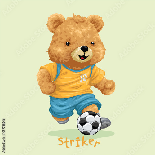 Teddy Bear Playing Soccer as a Striker in Yellow Jersey