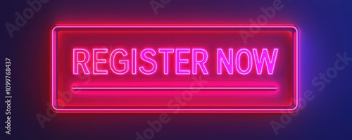 Register sign and signup conceptual. A vibrant neon sign displaying the text "REGISTER NOW," inviting immediate action with a modern digital aesthetic.