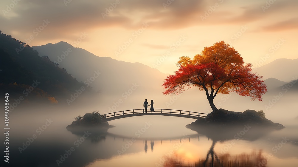 Fototapeta premium A young couple standing on a bridge, holding hands and looking forward towards a bright future, while the water beneath reflects their past, showing the lessons learned together, Ultra-Realistic, 
