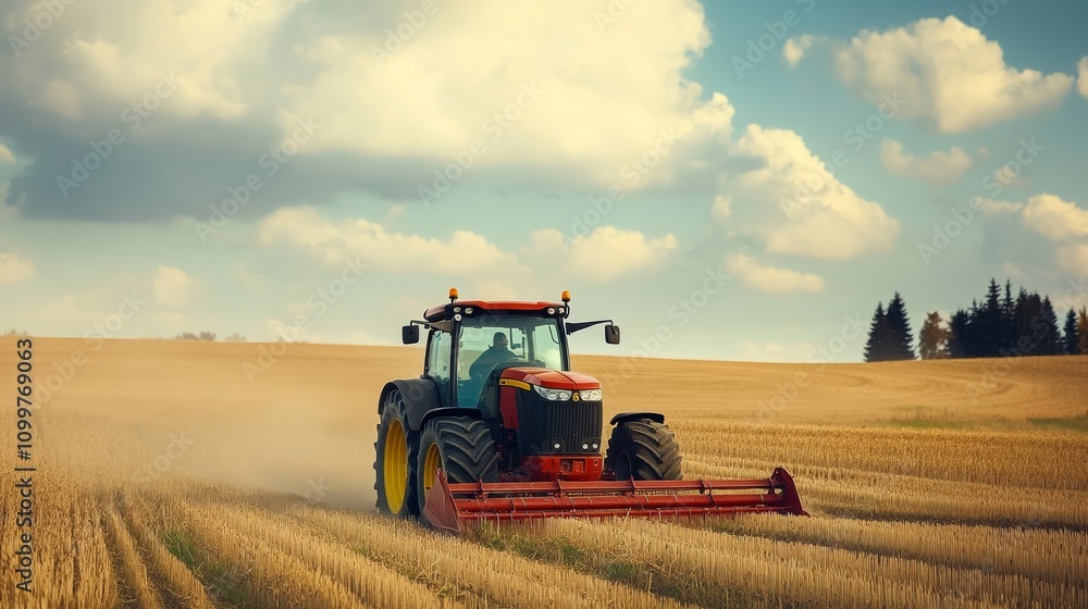 Obraz premium Red Tractor Plowing Field, Agriculture, Farming, Harvest Season, Rural Landscape, Golden Hour.