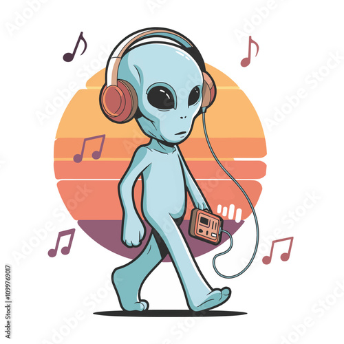 Retro Groovy Alien walking in headphones and listening to music