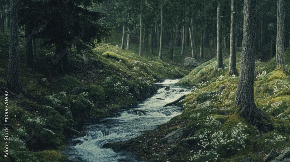 Fototapeta premium Forest stream flowing through a dense woodland with wildflowers and trees