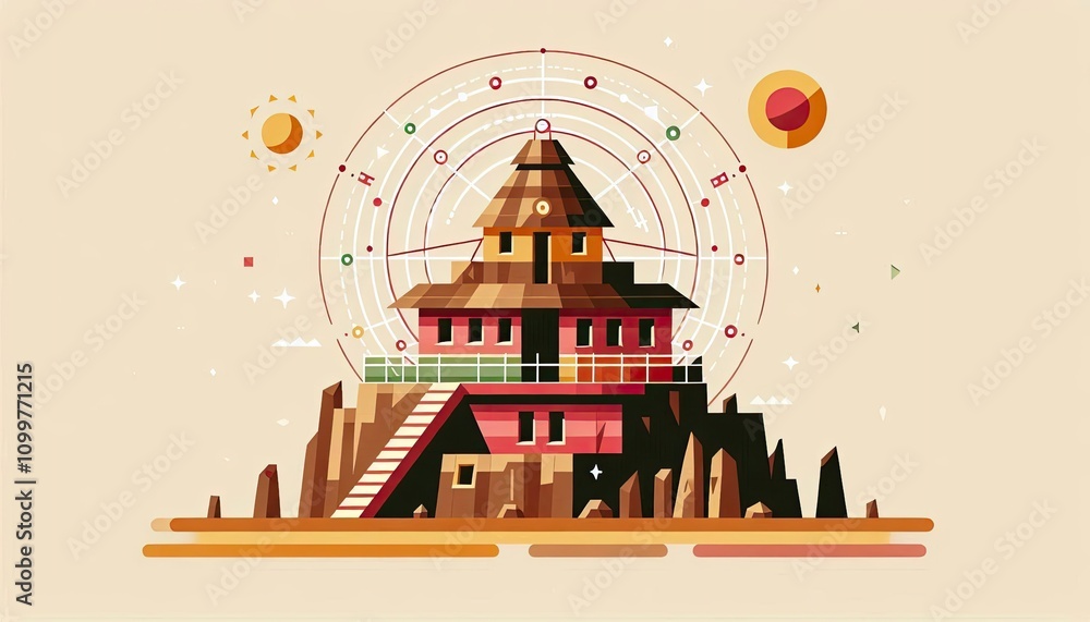 Fototapeta premium Abstract geometric illustration of a cliff dwelling with cosmic alignment