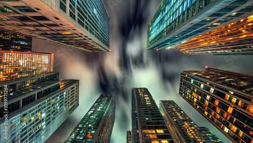 Cinematic photograph of tall buildings from the ground, looking up in perspective, with the sky in the background, city lights at night, skyscrapers, urban architecture, modern skyline, high-rise buil photo