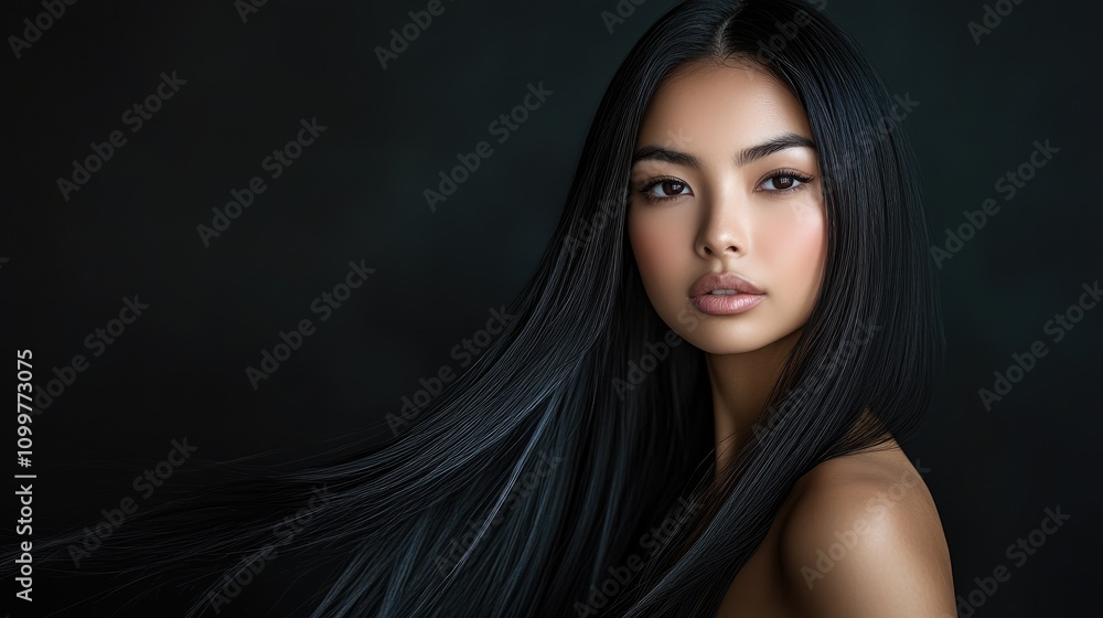 Fototapeta premium A captivating woman with long straight black hair poses elegantly against a dark backdrop highlighting her stunning beauty and charm