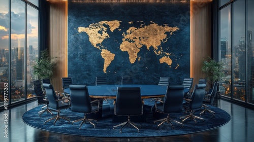 Elegant boardroom with round table, leather chairs, and vintage world map, luxury office setting, traditional wooden decor, modern corporate space, professional interior design, executive style. photo