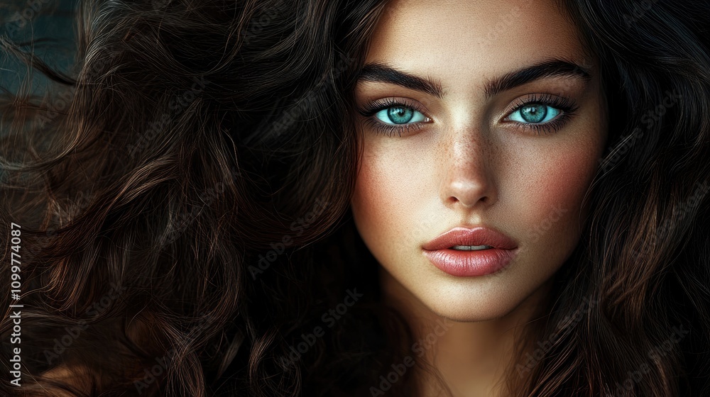 Fototapeta premium Portrait of a stunning young woman with long curly brunette hair