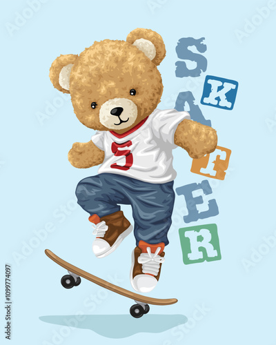 Playful Teddy Bear Skateboarding with Fun Blocks on Blue Background