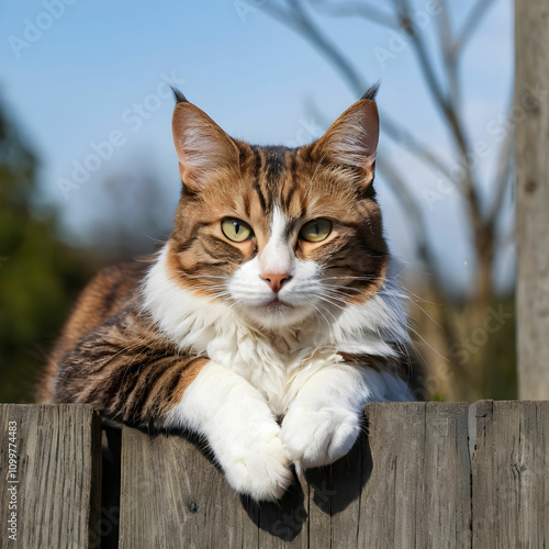 Beautiful domestic cat laying on a fence