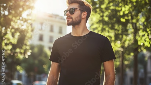 Casual male model wearing a black t shirt outdoors in daylight T shirt mockup featuring a hipster style ideal for design placement and printing photo