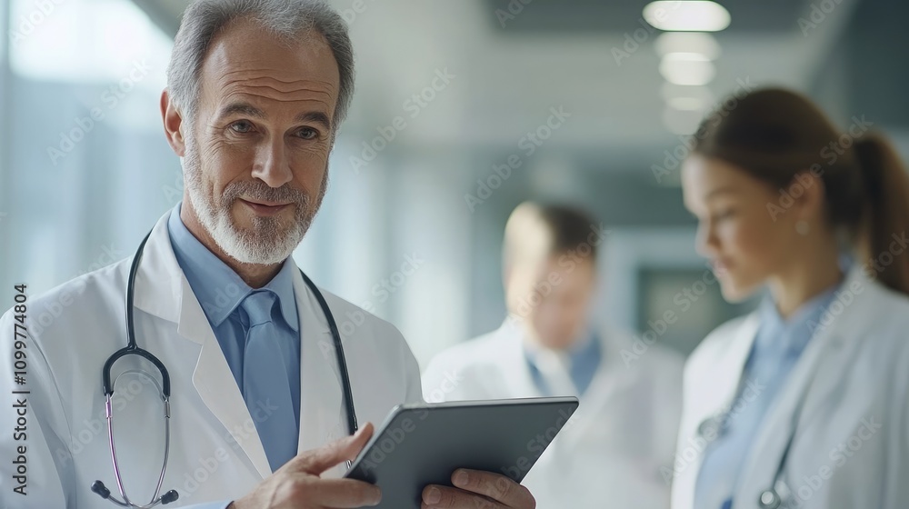 Fototapeta premium Senior male physician using a tablet while engaging in discussion with a fellow healthcare professional Medical staff collaboration in a healthcare setting