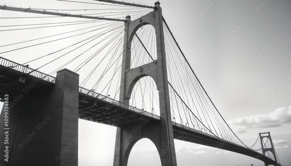 Fototapeta premium Monochrome view of suspension bridge. Artistic perspective highlights intricate bridge cables, structure. Impressive design, engineering. Light, shadow interplay creates strong contrast. Ideal for