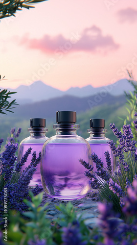 Aromatic Lavender Oil Bottles with Sunset Backdrop. Lavender Essence Bottles in a Scenic Landscape. Aromatherapy Bottles in Purple Hues photo