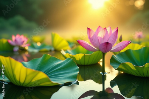 A beautiful pink lotus flower blooming in a serene pond surrounded by lush green leaves