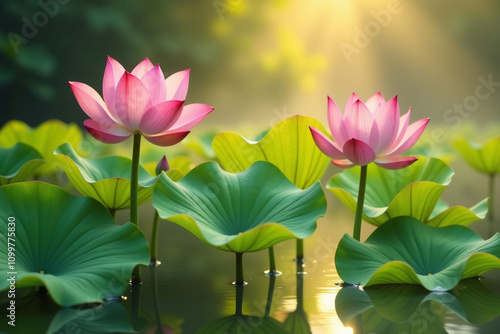 A beautiful pink lotus flower blooming in a serene pond surrounded by lush green leaves