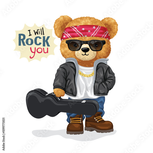 Cool Teddy Bear in Rockstar Outfit with Guitar Case