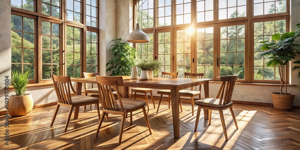 Obraz premium Elegant Wooden Table and Chairs in a Sunlit Room with Expansive Window, Perfect for Product Photography Showcasing Natural Light and Cozy Interiors