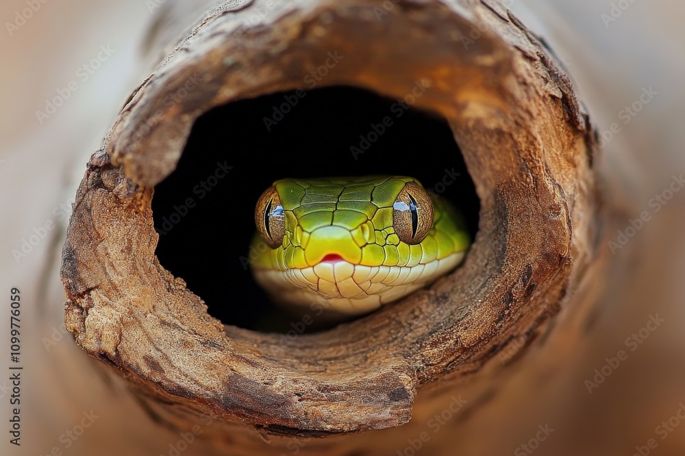 Fototapeta premium Snake Hiding. Venomous Baby Bush Viper Concealed in Hollow Log