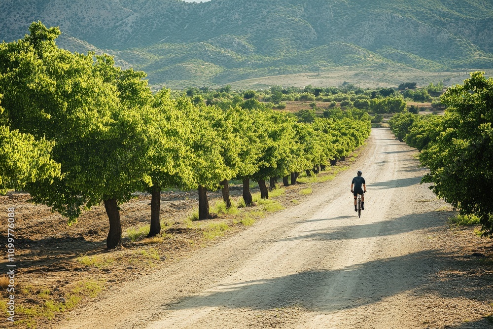 Obraz premium Smooth Dirt Road Cycling Adventure in El Chorro, Spain among Almond Trees Plantation