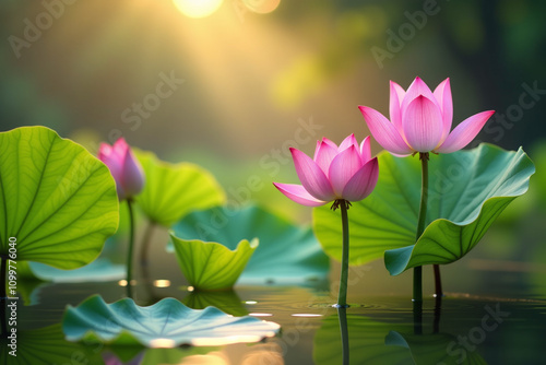 A beautiful pink lotus flower blooming in a serene pond surrounded by lush green leaves
