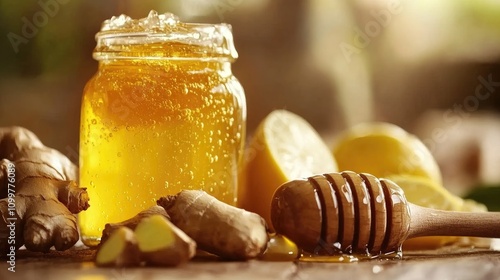 Wooden spoon in honey jar with fresh ginger and lemon on a table, highlighting natural moisturizing and strengthening properties of ingredients. photo