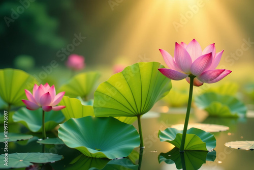 A beautiful pink lotus flower blooming in a serene pond surrounded by lush green leaves