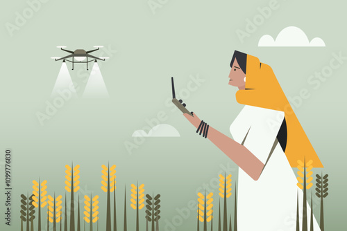 An Indian female farmer spraying pesticides using a drone in the field