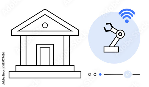 Building representing traditional bank, robotic arm with wireless signal. Ideal for digital transformation, fintech, automation, IoT, wireless tech banking innovation industry 4.0. Line metaphor