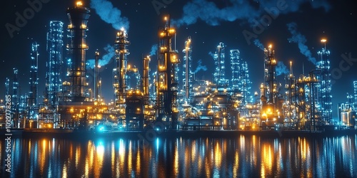 Wallpaper Mural Background Featuring a Cyberpunk-Style Factory at Night, Illuminated by Bright Lights, Showcasing a Modern Production Environment with Transparency and Efficiency. This High-Quality 3D Rendering Highl Torontodigital.ca