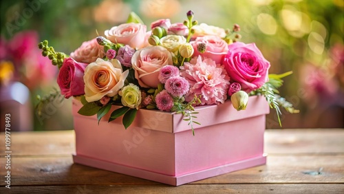 Pink Box Flowers Documentary Photography,  Beautiful Floral Still Life,  Vintage Photo Effects