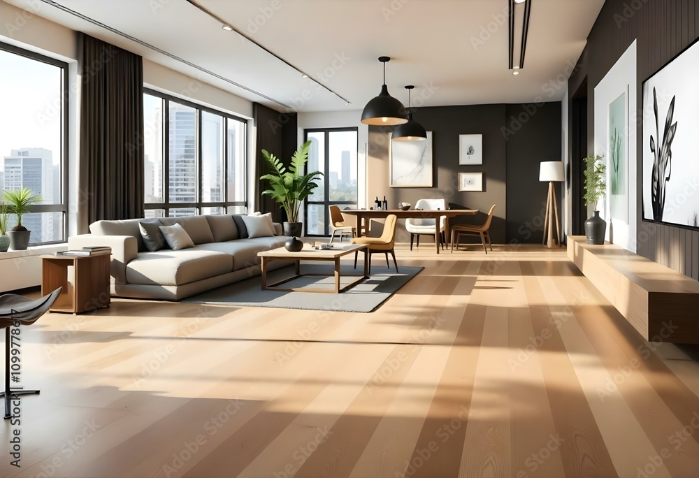 Fototapeta premium A modern and spacious open-concept living room and dining area with hardwood floors, large windows, and a mix of contemporary.