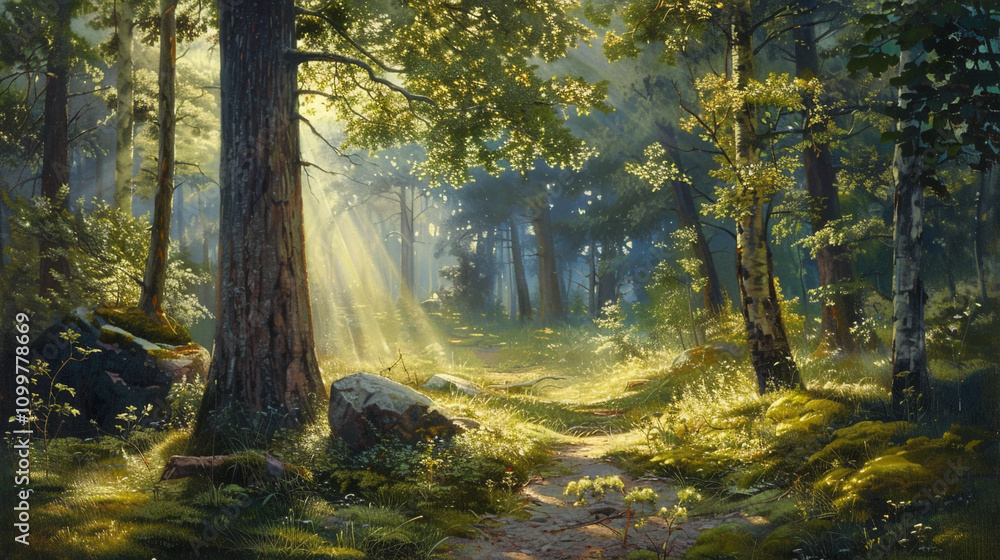 Fototapeta premium Autumn Stream Flowing Through a Peaceful Forest Landscape