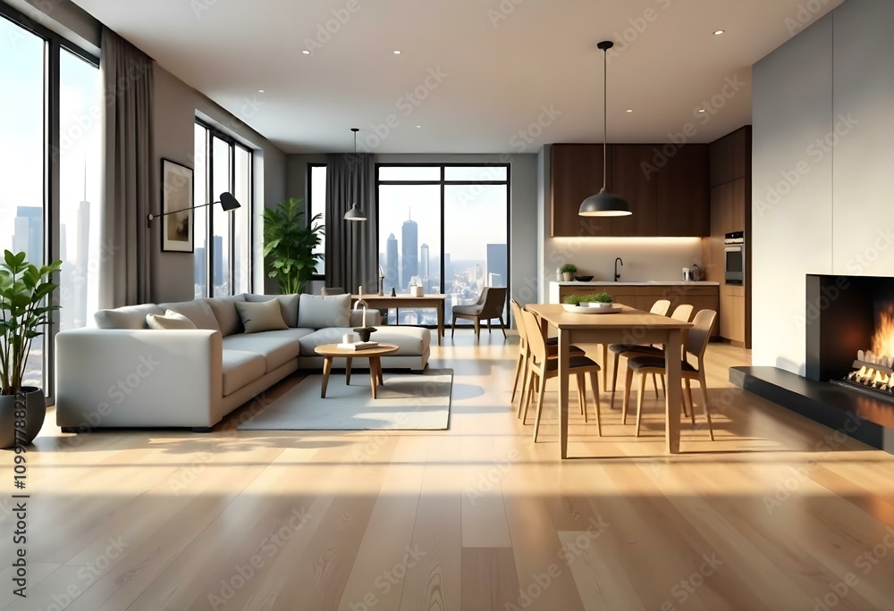 Fototapeta premium A modern and spacious open-concept living room and dining area with hardwood floors, large windows, and a mix of contemporary.
