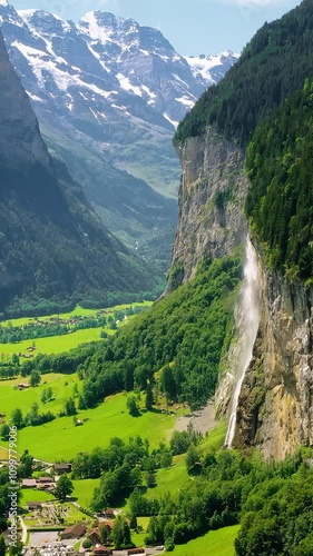 Huge waterfall in Swiss Alpine mountains near Lauterbrunnen village, vertical video.