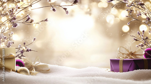 Festive Christmas table setting with elegant golden and purple decorations, a pristine white gift box, and sparkling bokeh lights. Perfect for holiday marketing, greeting cards, and social media.