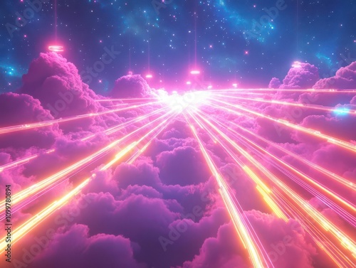 Sci-fi sacred sky with intertwining fiber optic cables and ethereal neon light beams, star-lit and spiritual, photorealistic allure, vivid atmospheric glow photo