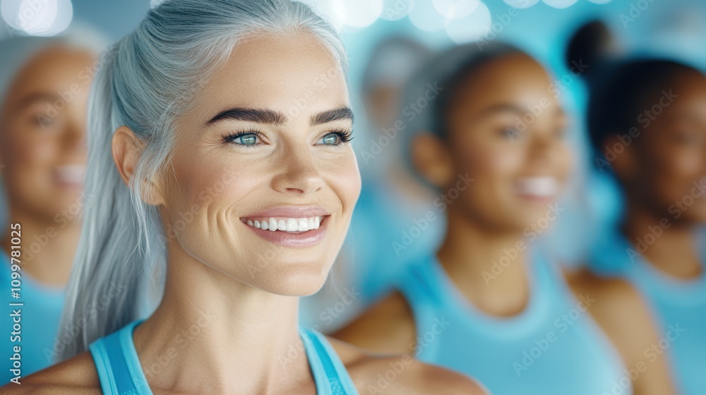 Fototapeta premium A smiling woman with silver hair in a ponytail surrounded by diverse women in a fitness class, radiating health and positivity.
