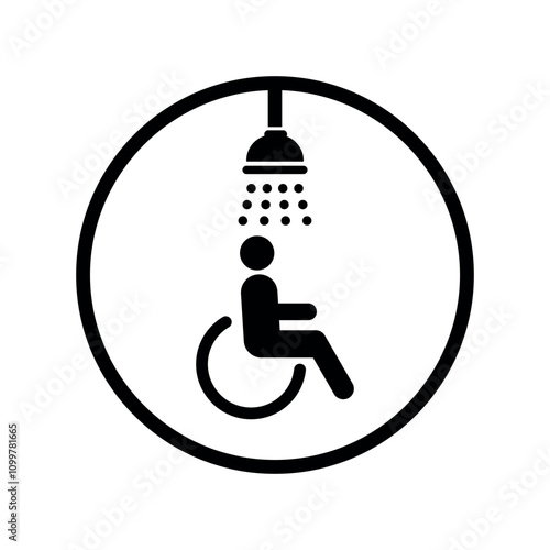Vector Disabled Shower Room Flat Icon in Black Line Circle. Handicapped or Accessibility Sign. Man in a Wheelchair in Accessible Shower Room Pictogram on White Background.	