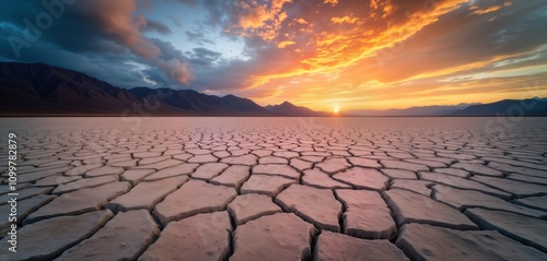 Dry cracked earth lake bed stretches across landscape at sunset. Dramatic colors of sky, mountains. Nature background at golden hour. View of arid environment. Empty land. Extreme drought.