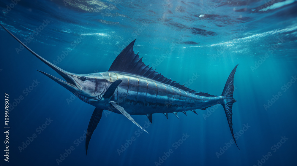 Obraz premium A detailed shot of a swordfish swimming majestically in open water, stock photo