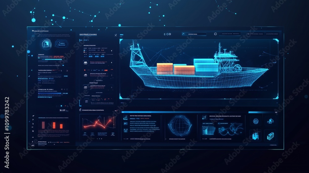 Fototapeta premium Abstract multimodal logistics software interface with dark blue background, low-poly wireframe elements, glowing lines, and futuristic particle effects for a tech-inspired design.