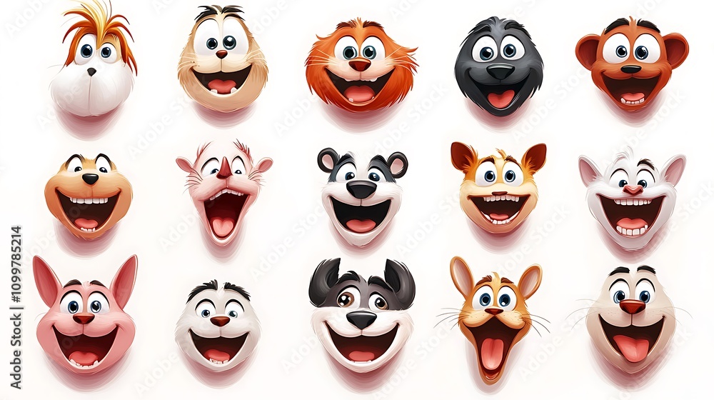 Fototapeta premium A collection of cheerful cartoon animal faces, each with unique expressions, drawn on a white background for playful designs 