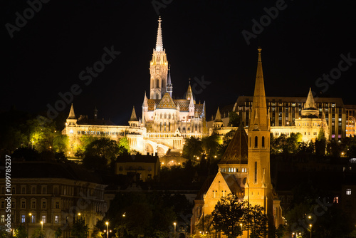  view of Budapest at night with St Matthias church in the distance, Hungary photo