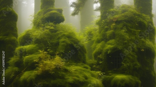 Mysterious moss-covered forest in a foggy atmosphere photo