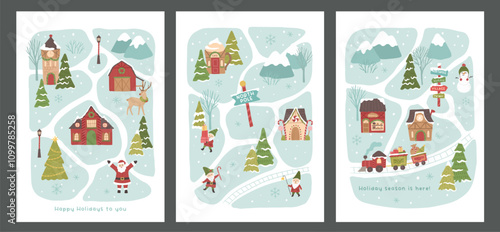 Winter Christmas collection of map village north pole vector illustration layout poster