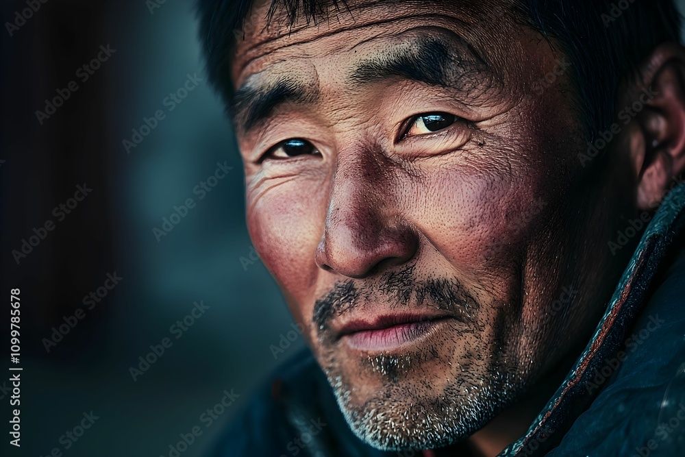 Fototapeta premium Portrait of a weathered man with expressive features and deep gaze