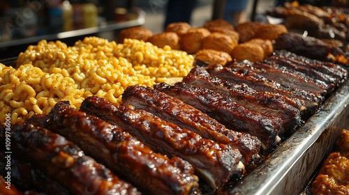 Delicious BBQ Ribs and Mac and Cheese at a Food Stall photo