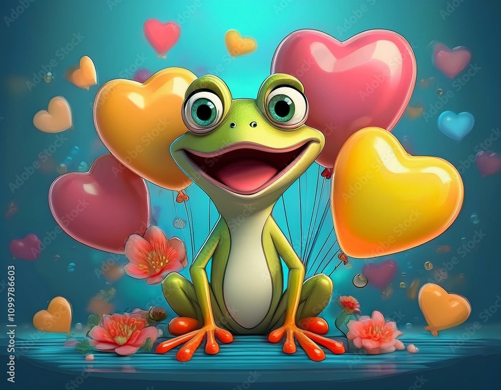 Fototapeta premium Frog valentine with Balloons cartoon