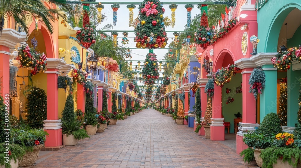 Fototapeta premium Festive City Streets Adorned with Christmas and New Year Decorations.Concept of Festive,holiday cheer,winter wonderland,family traditions,community spirit,Retail,tourism, event planning,real estate.